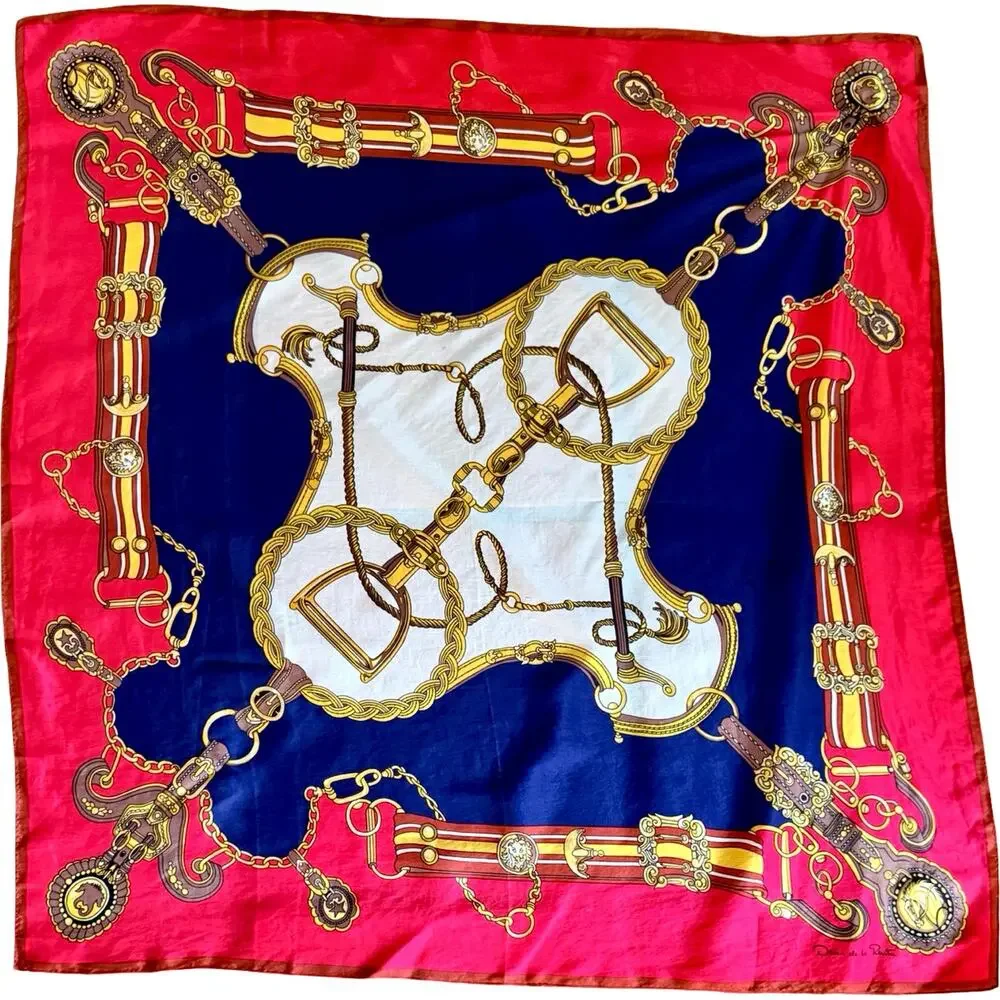 Vintage Oscar de la Renta 1980's Silk Chiffon Equestrian Bit Chain Scarf 30 x 30